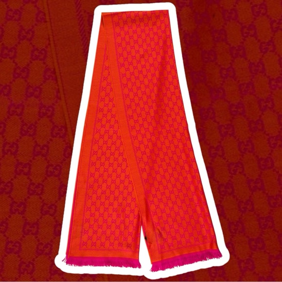 NWT Gucci Orange x Pink Jacquard GG Monogram Logo Wool Scarf - Picture 4 of 5
